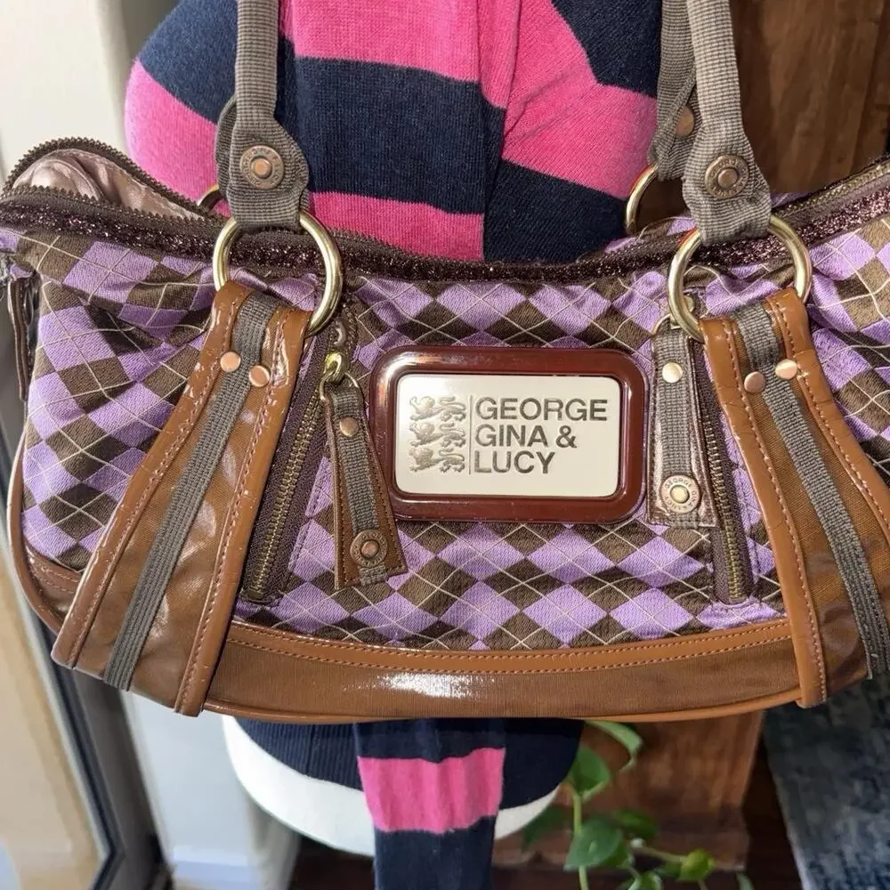 George Gina & Lucy rare Vtg 90s purple &brown argyle handbag with brown leather